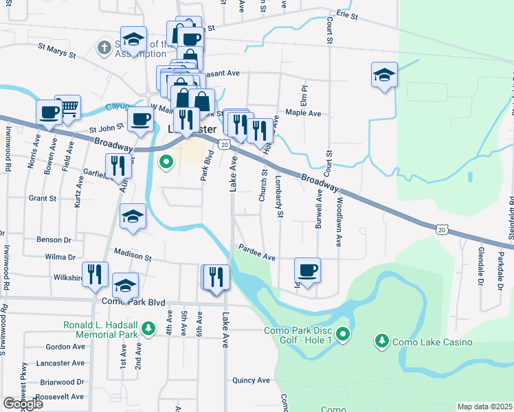 map of restaurants, bars, coffee shops, grocery stores, and more near 43 Church Street in Lancaster