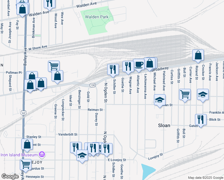 map of restaurants, bars, coffee shops, grocery stores, and more near 437 Schiller Street in Buffalo