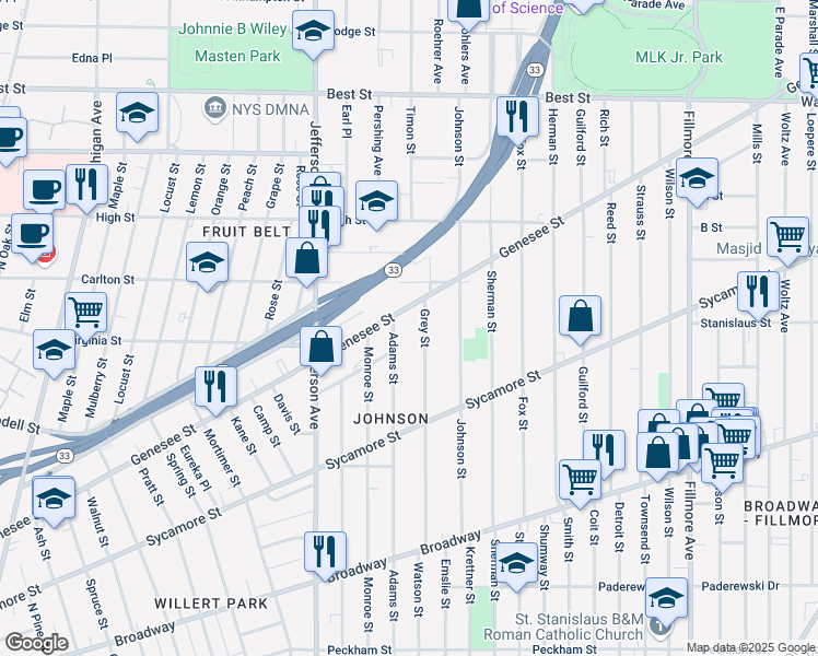 map of restaurants, bars, coffee shops, grocery stores, and more near 619 Adams Street in Buffalo