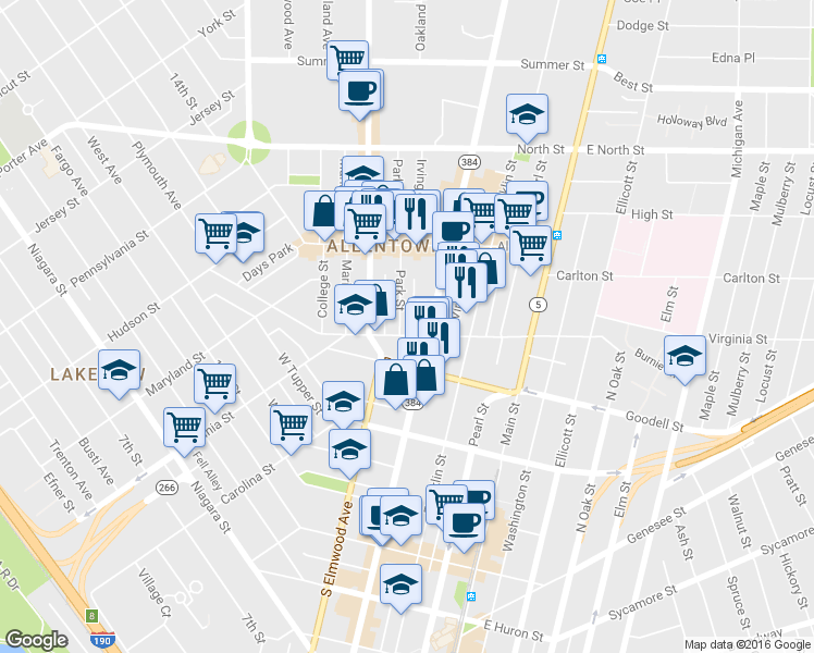map of restaurants, bars, coffee shops, grocery stores, and more near 422 Virginia Street in Buffalo