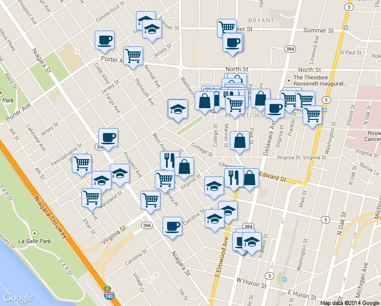 map of restaurants, bars, coffee shops, grocery stores, and more near in Buffalo
