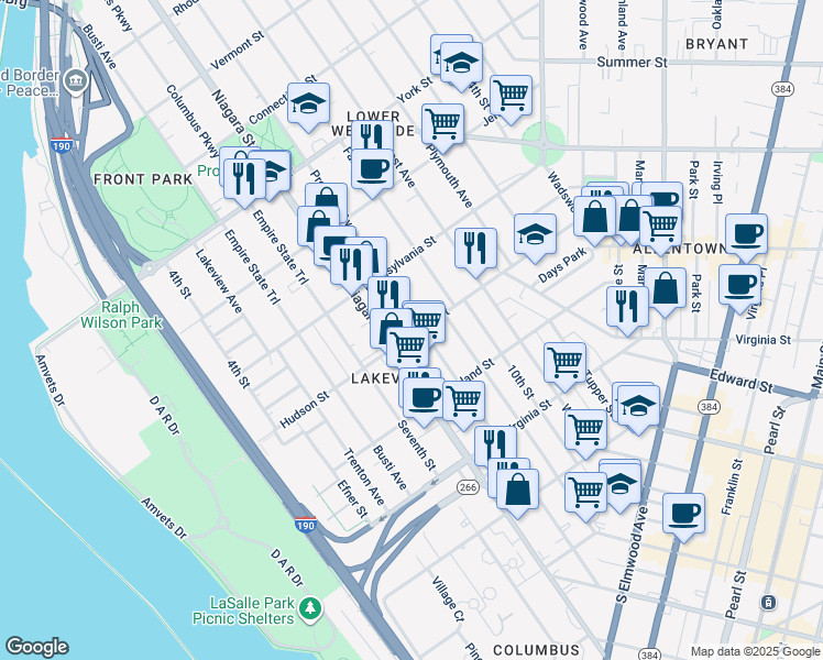 map of restaurants, bars, coffee shops, grocery stores, and more near in Buffalo