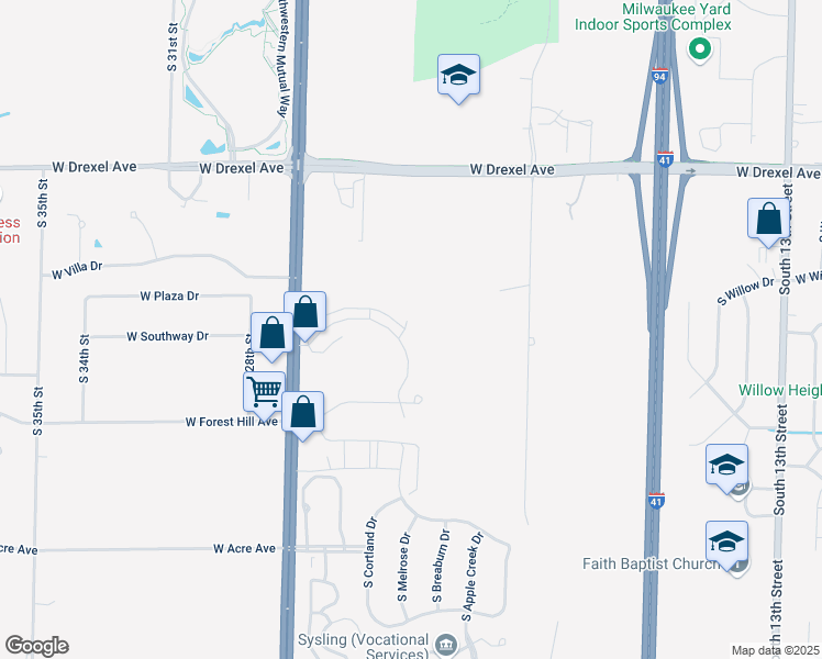map of restaurants, bars, coffee shops, grocery stores, and more near 8100 South Orchard Way in Oak Creek