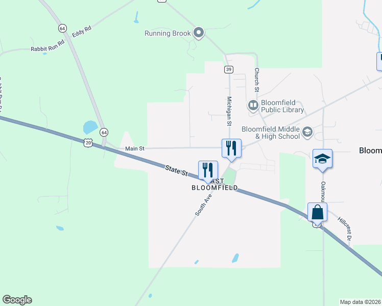 map of restaurants, bars, coffee shops, grocery stores, and more near 140 Main Street in Bloomfield