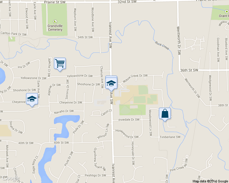 map of restaurants, bars, coffee shops, grocery stores, and more near 3710 Ivanrest Avenue Southwest in Grandville