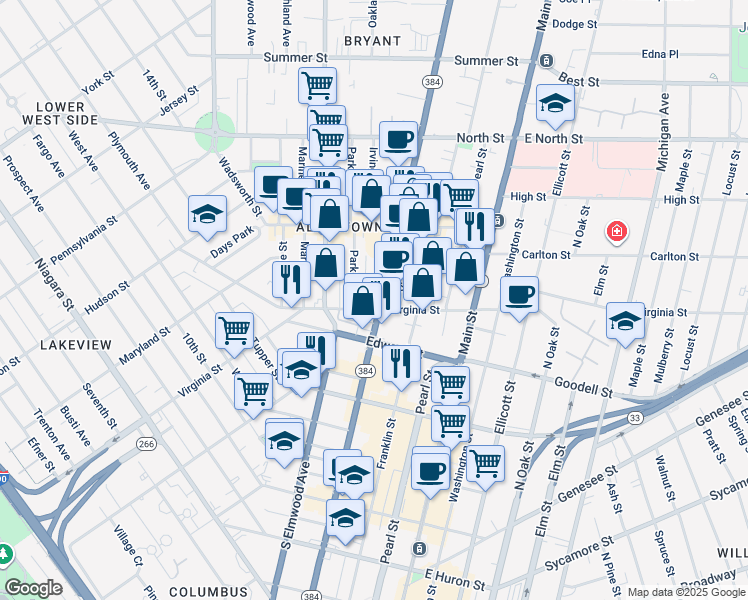 map of restaurants, bars, coffee shops, grocery stores, and more near 468 Delaware Avenue in Buffalo