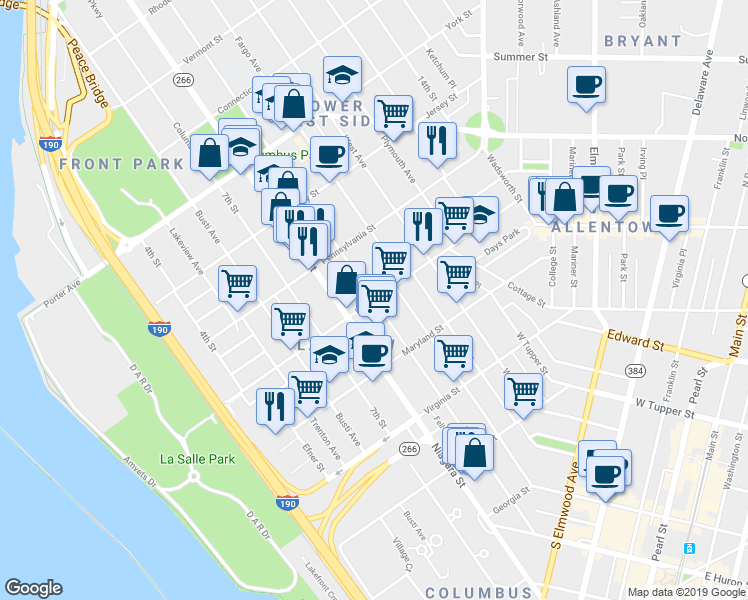 map of restaurants, bars, coffee shops, grocery stores, and more near Prospect Avenue in Buffalo