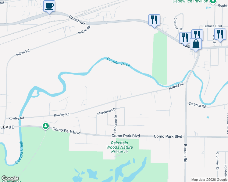 map of restaurants, bars, coffee shops, grocery stores, and more near 430 Rowley Road in Depew