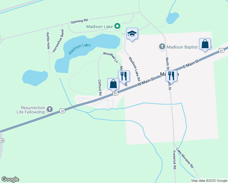 map of restaurants, bars, coffee shops, grocery stores, and more near 7229 U.S. 20 in Madison