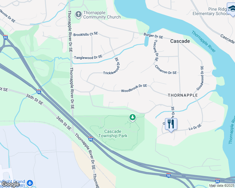 map of restaurants, bars, coffee shops, grocery stores, and more near 6654 Woodbrook Drive Southeast in Grand Rapids