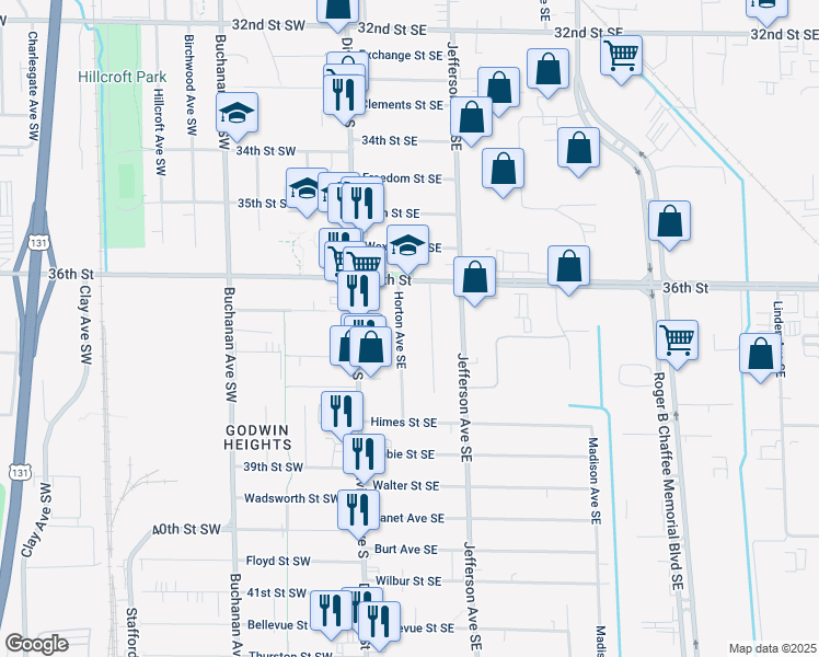map of restaurants, bars, coffee shops, grocery stores, and more near 3710 Horton Avenue Southeast in Grand Rapids
