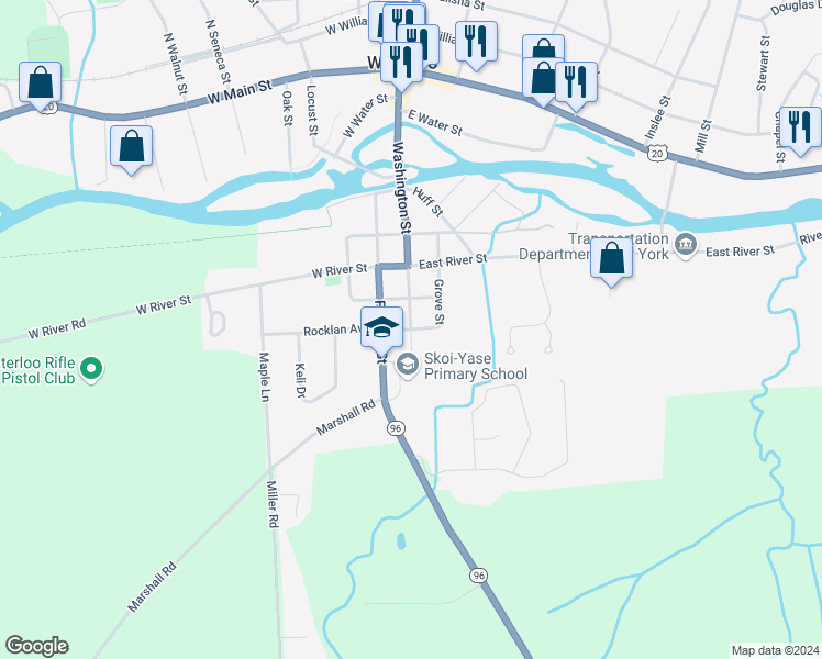 map of restaurants, bars, coffee shops, grocery stores, and more near Washington Street & Lincoln Street in Waterloo