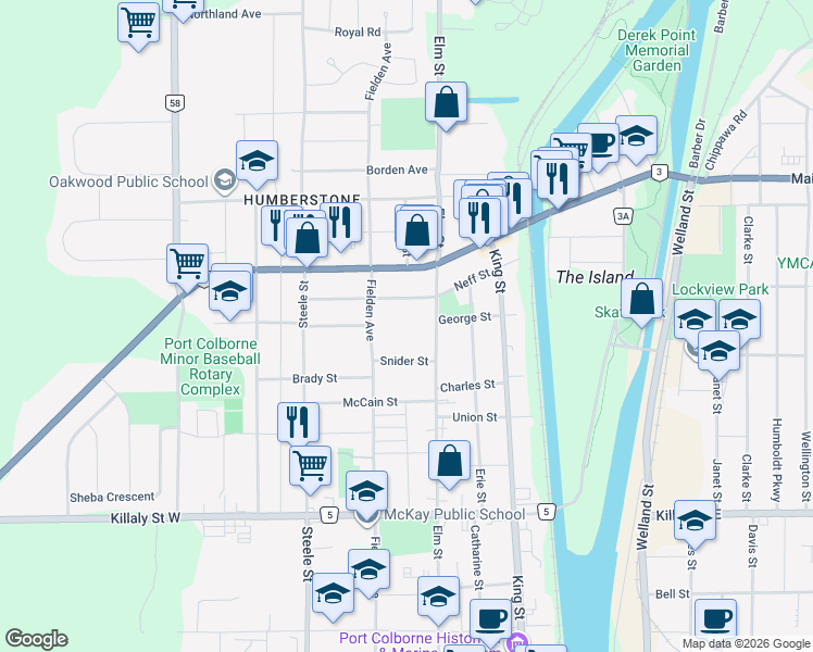 map of restaurants, bars, coffee shops, grocery stores, and more near 690 Elm Street in Port Colborne