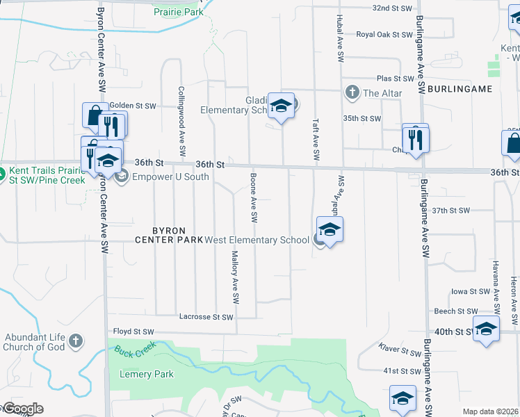 map of restaurants, bars, coffee shops, grocery stores, and more near 3680 Boone Avenue Southwest in Wyoming