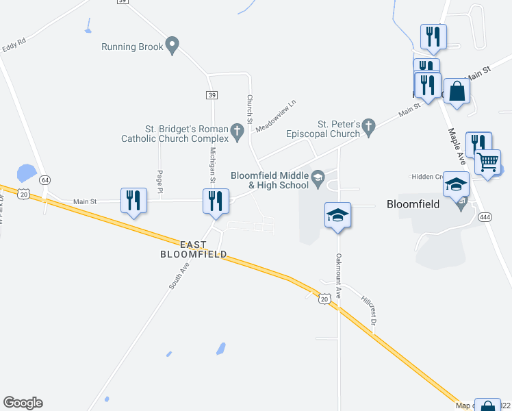 map of restaurants, bars, coffee shops, grocery stores, and more near 98 Main Street in Bloomfield