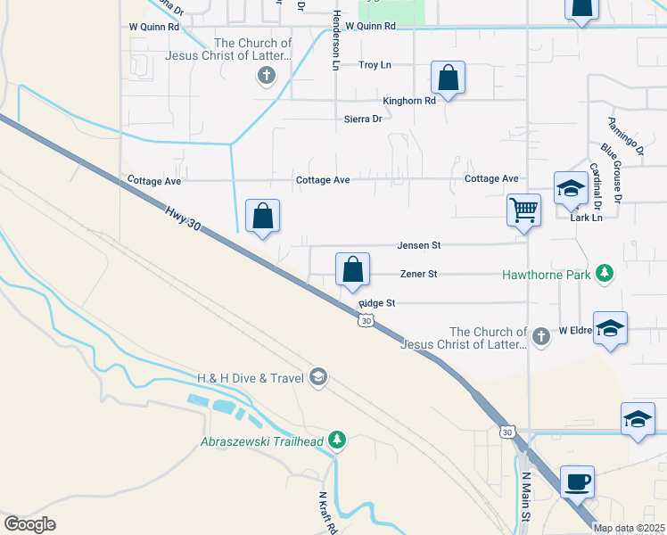 map of restaurants, bars, coffee shops, grocery stores, and more near 1566 Zener Street in Pocatello