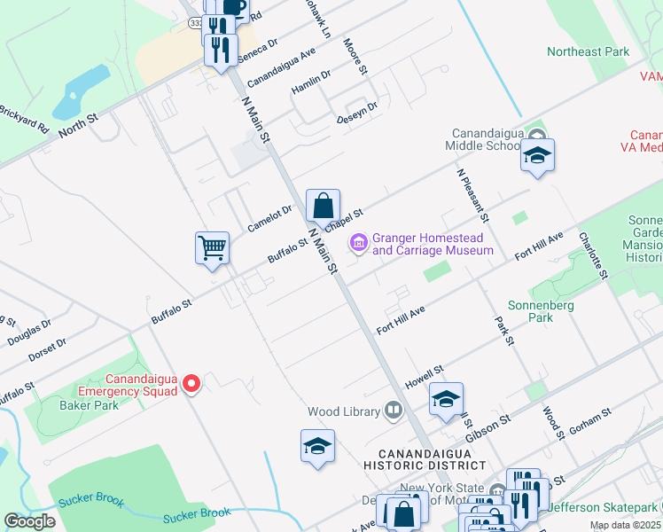 map of restaurants, bars, coffee shops, grocery stores, and more near 261 North Main Street in Canandaigua