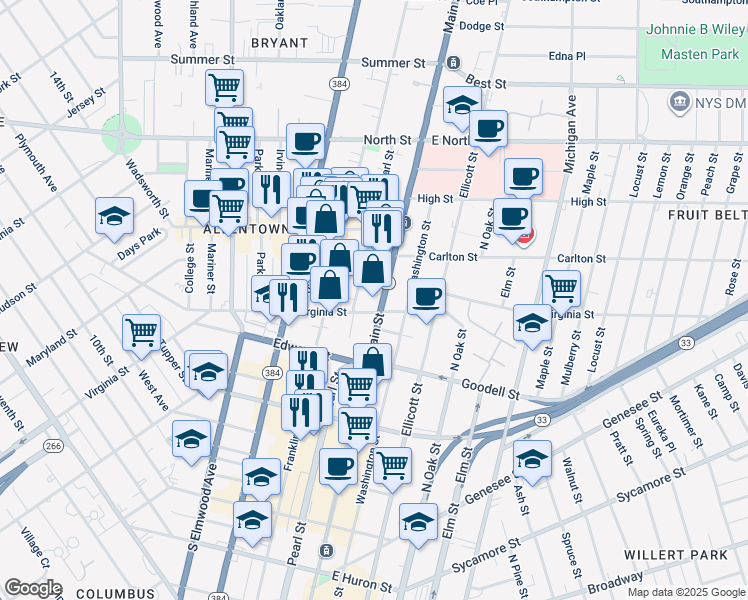 map of restaurants, bars, coffee shops, grocery stores, and more near 5 North Pearl Street in Buffalo