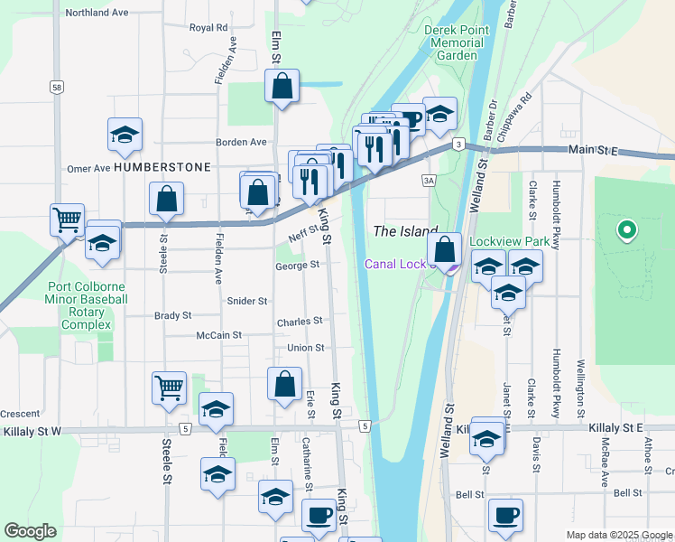 map of restaurants, bars, coffee shops, grocery stores, and more near in Port Colborne