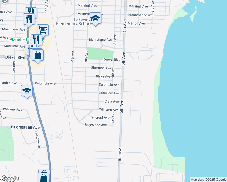 map of restaurants, bars, coffee shops, grocery stores, and more near 520 Lakeview Avenue in South Milwaukee