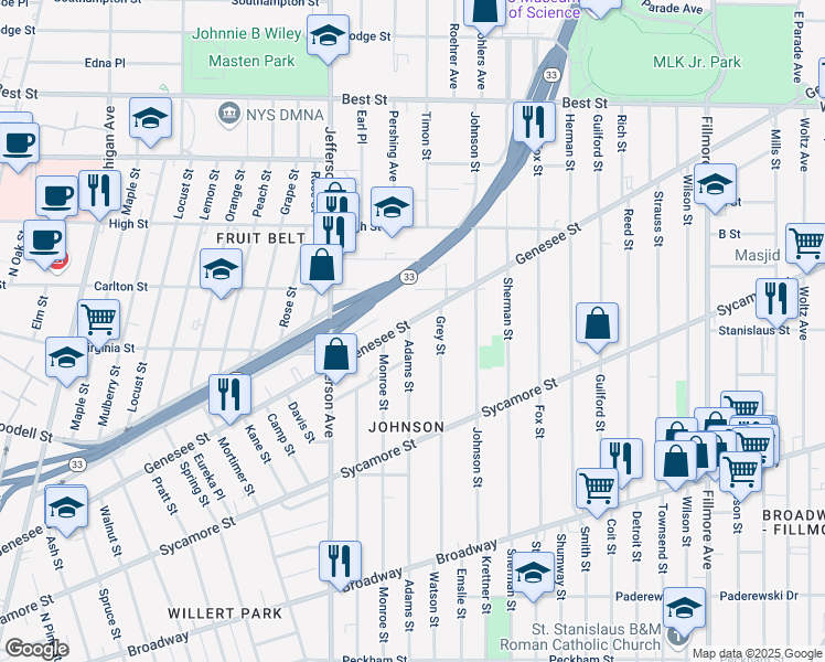 map of restaurants, bars, coffee shops, grocery stores, and more near 695 Genesee Street in Buffalo