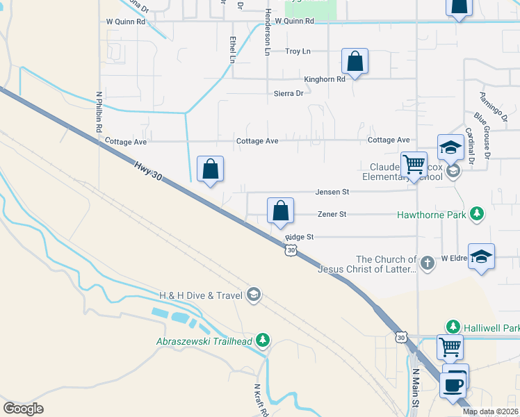 map of restaurants, bars, coffee shops, grocery stores, and more near 3610 U.S. 30 in Pocatello