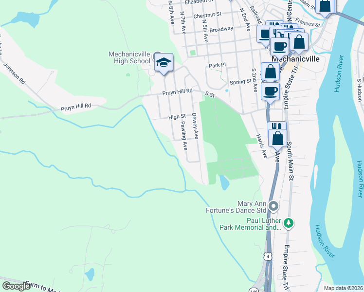 map of restaurants, bars, coffee shops, grocery stores, and more near 5 Grand Avenue in Mechanicville
