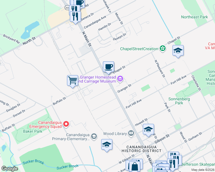 map of restaurants, bars, coffee shops, grocery stores, and more near 16 Perry Place in Canandaigua
