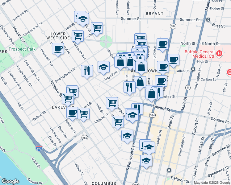 map of restaurants, bars, coffee shops, grocery stores, and more near in Buffalo