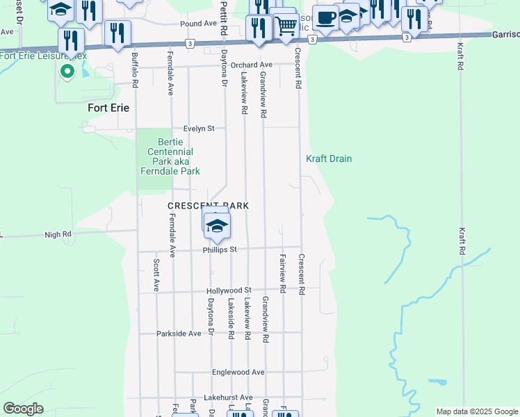 map of restaurants, bars, coffee shops, grocery stores, and more near 781 Grandview Road in Fort Erie
