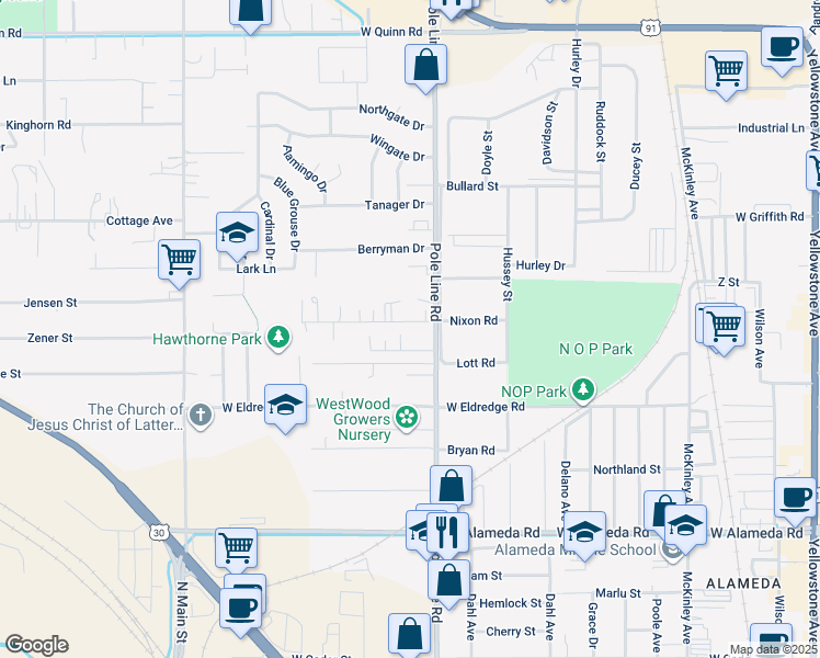 map of restaurants, bars, coffee shops, grocery stores, and more near 835 Nixon Road in Pocatello