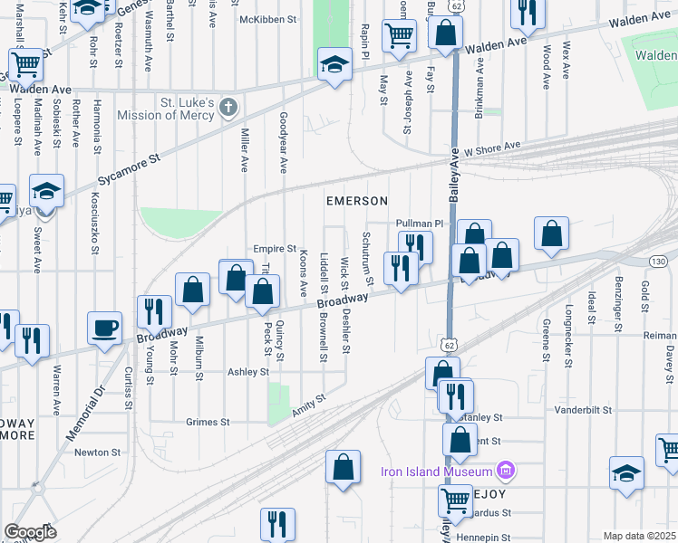 map of restaurants, bars, coffee shops, grocery stores, and more near 32 Wick Street in Buffalo