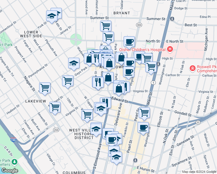 map of restaurants, bars, coffee shops, grocery stores, and more near 400 Virginia St in Buffalo