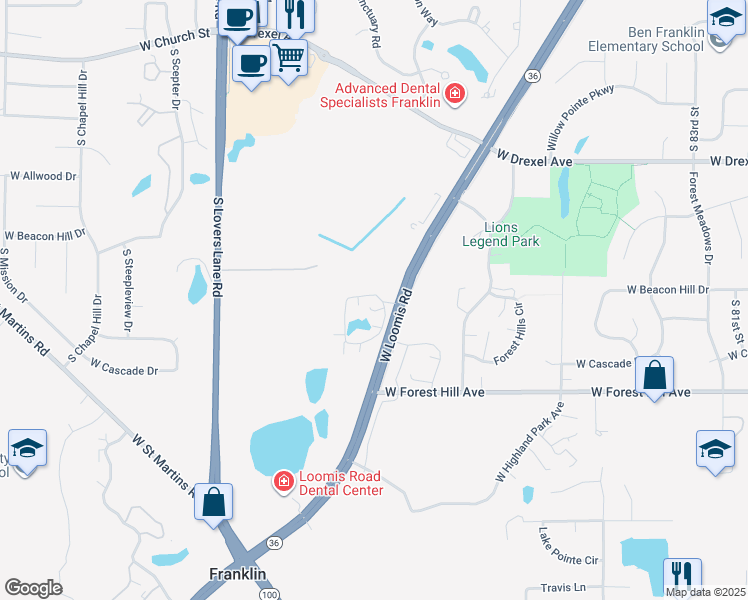 map of restaurants, bars, coffee shops, grocery stores, and more near 9380 West Loomis Road in Franklin
