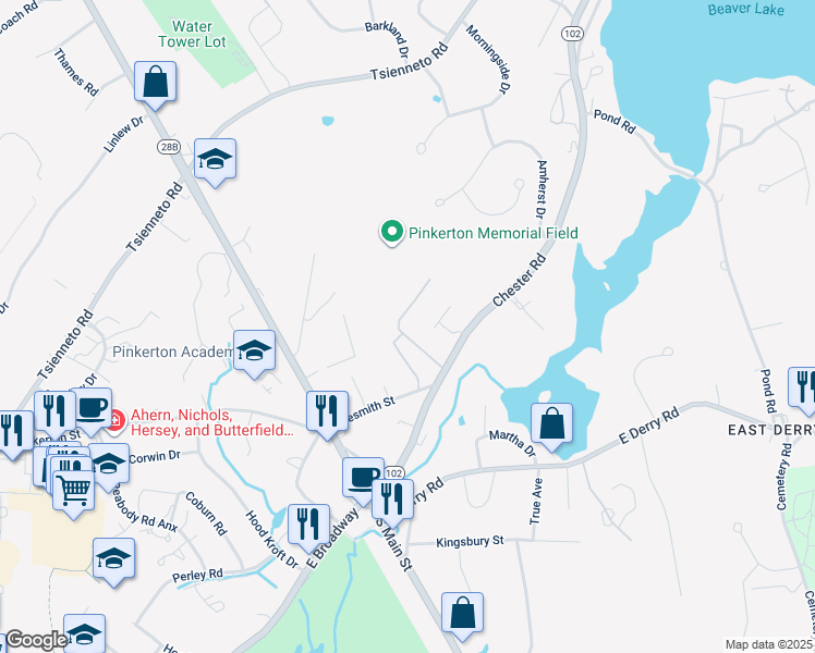 map of restaurants, bars, coffee shops, grocery stores, and more near 5 Silvestri Circle in Derry