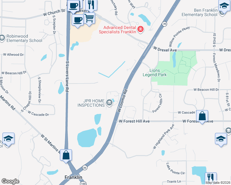 map of restaurants, bars, coffee shops, grocery stores, and more near 9380 West Loomis Road in Franklin