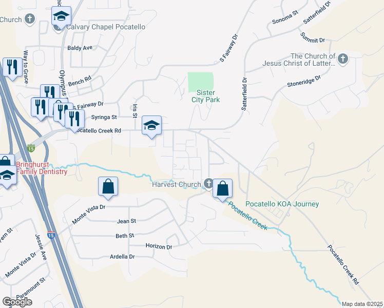 map of restaurants, bars, coffee shops, grocery stores, and more near 1222 Freeman Lane in Pocatello