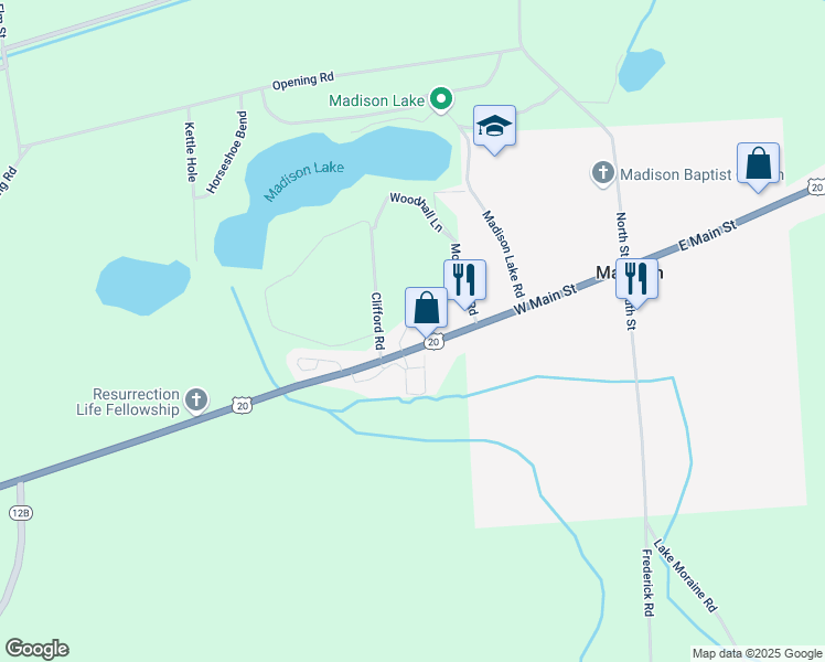 map of restaurants, bars, coffee shops, grocery stores, and more near 7229 U.S. 20 in Madison