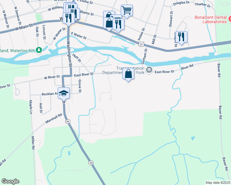 map of restaurants, bars, coffee shops, grocery stores, and more near 103 Brookside Drive in Waterloo