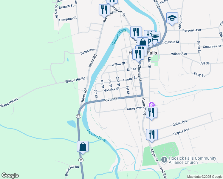 map of restaurants, bars, coffee shops, grocery stores, and more near 34 Hoosick Street in Hoosick Falls