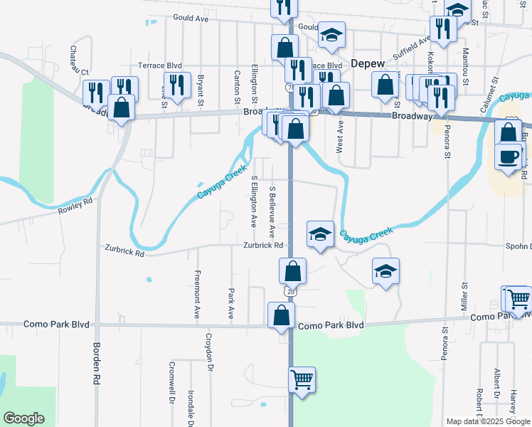 map of restaurants, bars, coffee shops, grocery stores, and more near 37 South Ellington Avenue in Depew
