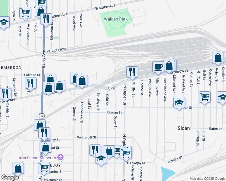 map of restaurants, bars, coffee shops, grocery stores, and more near 446 Davey Street in Buffalo