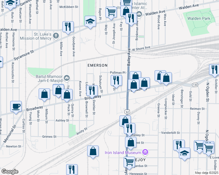 map of restaurants, bars, coffee shops, grocery stores, and more near 1582 Broadway in Buffalo