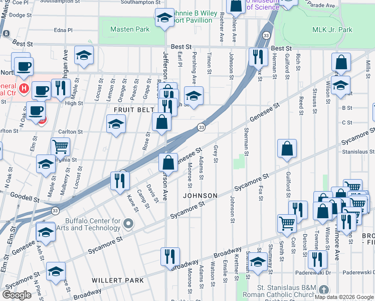 map of restaurants, bars, coffee shops, grocery stores, and more near in Buffalo
