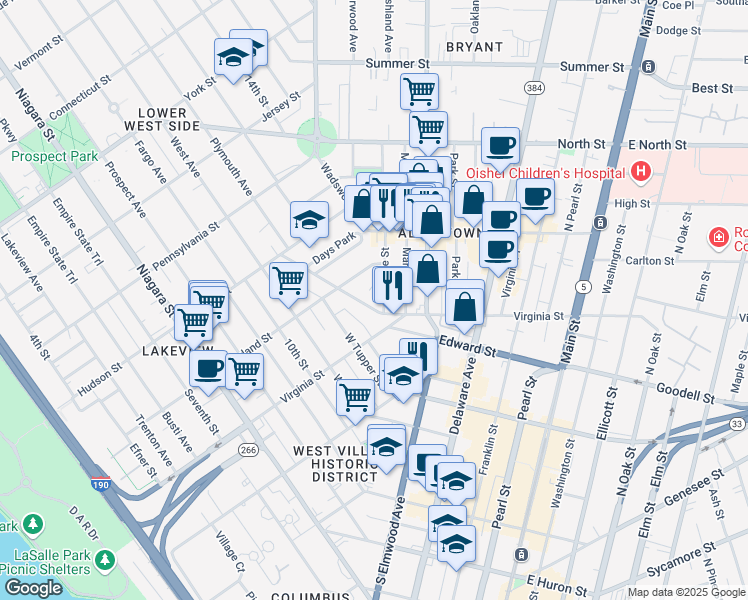 map of restaurants, bars, coffee shops, grocery stores, and more near 29 Cottage Street in Buffalo