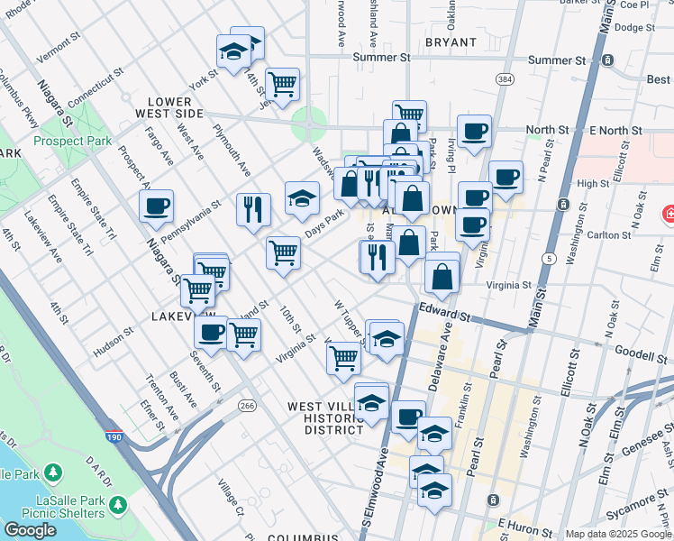 map of restaurants, bars, coffee shops, grocery stores, and more near in Buffalo