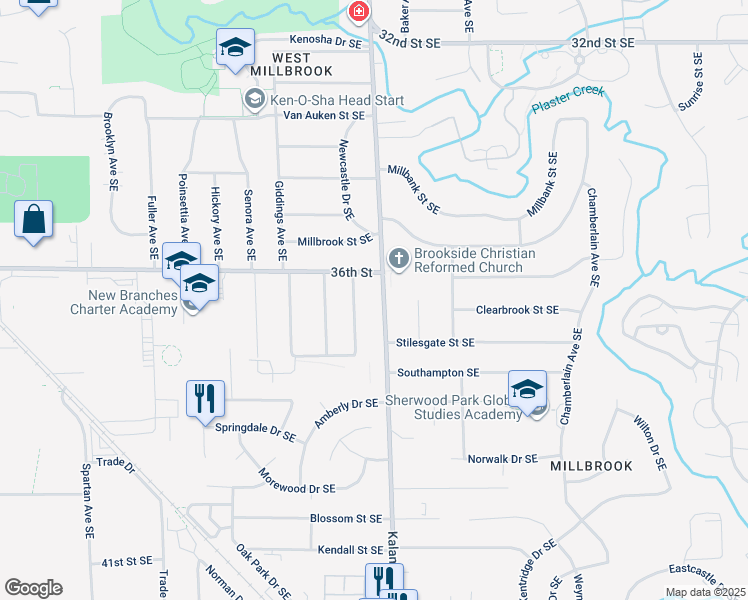 map of restaurants, bars, coffee shops, grocery stores, and more near 3670 Newcastle Drive Southeast in Grand Rapids