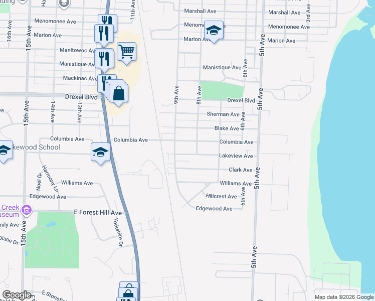 map of restaurants, bars, coffee shops, grocery stores, and more near 805 Lakeview Avenue in South Milwaukee