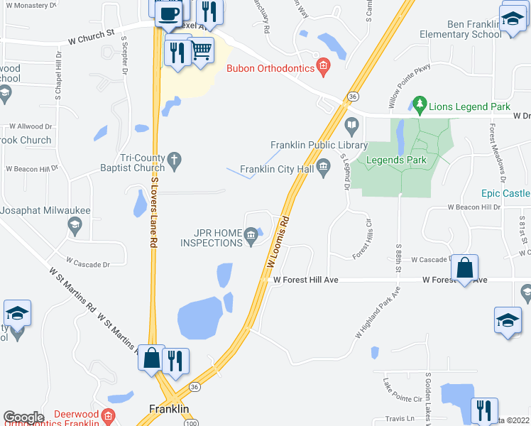 map of restaurants, bars, coffee shops, grocery stores, and more near 9380 West Loomis Road in Franklin