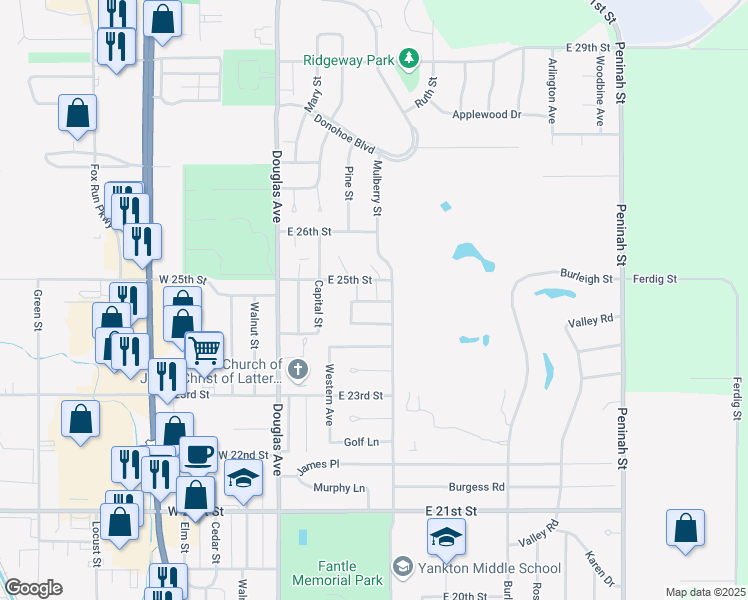 map of restaurants, bars, coffee shops, grocery stores, and more near 2405 Mulberry Street in Yankton